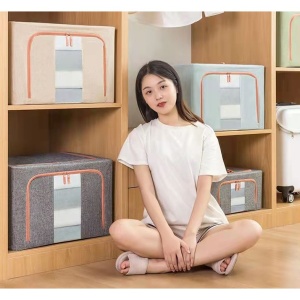 Cutie de Depozitare Pliabila, Flippy, 24 L, din Bumbac si In, 40x30x20 cm, 2 Ferestre, Frontala si Laterala, 2 Usi de Acces cu Fermoar Bidirectional, Cadru Metalic, Suport Baza Stabil din Plastic, Bej - Img 7
