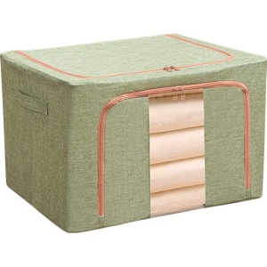 Cutie de Depozitare Pliabila, Flippy, 24 L, din Bumbac si In, 40x30x20 cm, Fereastra Frontala, 2 Usi de Acces cu Fermoar Bidirectional, Cadru Metalic, Suport Baza Stabil din Plastic, Verde - Img 4