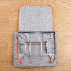 Cutie de Depozitare Pliabila, Flippy, 66 L, din Bumbac si In, 50x40x33 cm, Fereastra Frontala, 2 Usi de Acces cu Fermoar Bidirectional, Cadru Metalic, Suport Baza Stabil din Plastic, Gri - Img 4