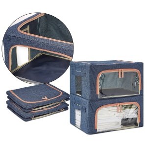Cutie de depozitare pliabila, Flippy, Cu fermoar, 66 L, Textil, 50x40x33 cm, Albastru Marin, Cadru Metalic, Suport Baza Stabil din Plastic, Cu doua ferestre - Img 3