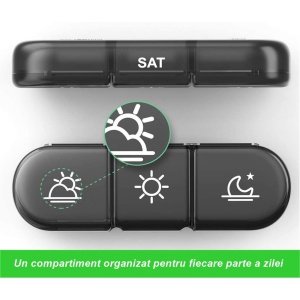 Cutie Depozitare Medicamente, Flippy, 7 Zile, 21 Compartimente, Cutie Suport, Recipiente Detasabile, Portabila, Compartimente Negre, Cutie Transparenta, 15.6x12 cm - Img 3