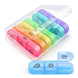 Cutie Depozitare Medicamente, Flippy, 7 Zile, 21 Compartimente, Cutie Suport, Recipiente Detasabile, Portabila, Multicolor, Cutie Transparenta, 15.6x12 cm - Img 1