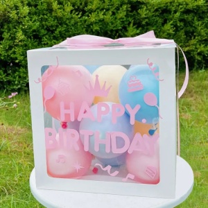 Cutie pentru Baloane, Flippy, Tematica Aniversare, Model Scris Happy Birthday, Baloane Albastre, Roz, Galbene si Panglica Incluse, Contur Alb, Transparenta, 30x30 cm - Img 4