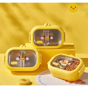 Cutie pentru Pranz sau Gustari, Flippy, cu Doua Compartimente, Model Ratusca, pentru Copii si Adulti, Etansare, PP, Perfect pentru Scoala si Birou, 1000 mL, 22.5x14.5x8 cm, Galben - Img 6