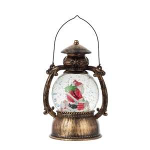 Decoratiune Craciun, Tip Felinar, Figurine Mos Craciun pe Cos, 3 Moduri, Functie Muzicala, Zapada in Miscare, Functioneaza Cu Baterii ( 3 x AA neincluse), Cablu USB (Inclus), Model Vintage Negru - Auriu, 14 x 11 x 20.5 cm, Alb Cald - Img 4