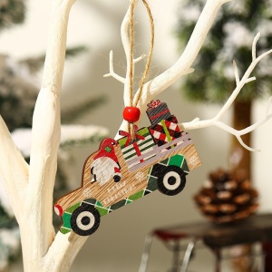 Decoratiune de Craciun din Lemn, Flippy, cu Snur pentru Agatare in Brad, Model Masina lui Mos Craciun, Scris Merry Christmas, 8x8x0.4 cm, Multicolor - Img 4
