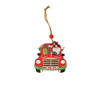 Decoratiune de Craciun din Lemn, Flippy, cu Snur pentru Agatare in Brad, Model Masina lui Mos Craciun, Scris HoHoHO, 8x8x0.4 cm, Multicolor - Img 1