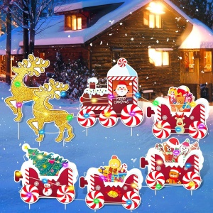 Decoratiune de Craciun, Flippy, pentru Gradina, Tip Trenulet, 7 Figurine + Bete de Infipt in Pamant, din Plastic, Impermeabil, Model Renii Joy si Noel, Multicolor - Img 5