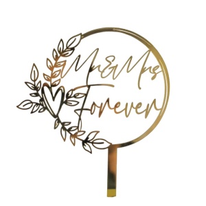Decoratiune Topper pentru Tort, Flippy, Model Mr&Mrs Forever, Tematica Nunta, 10 cm, Auriu - Img 1