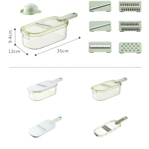 Feliator Multifunctional, Flippy, 6 in 1, pentru Fructe si Legume, 9 Piese, Maner, Lame de Inox, Recipient Stocare, Protectie Mana, ABS, 35x12x9.4 cm, Verde - Img 3