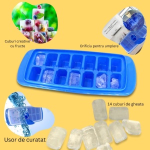 Forma pentru cuburi de gheata Flippy, 14 cuburi, reutilizabil, plastic alimentar, cu capac, orificiu umplere, dreptunghiulara, 29.5 x 12.5 x4 cm, albastru - Img 4