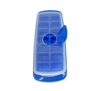 Forma pentru cuburi de gheata Flippy, 14 cuburi, reutilizabil, plastic alimentar, cu capac, orificiu umplere, dreptunghiulara, 29.5 x 12.5 x4 cm, albastru - Img 1
