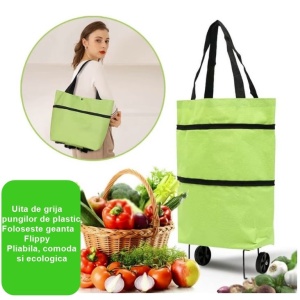 Geanta Pliabila, Flippy, 2 in 1, Carucior cu Roti, pentru Cumparaturi, 19 l, Verde, Plastic, 39 x 46 x 12 cm - Img 2
