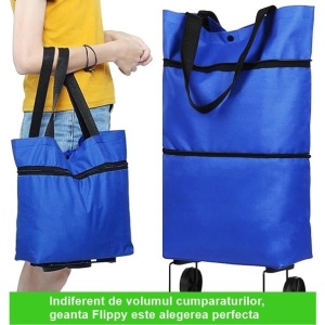 Geanta Pliabila, Flippy, 2 in 1, Carucior cu Roti, pentru Cumparaturi, 19 l, Albastru, Plastic, 39 x 46 x 12 cm - Img 3