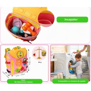 Ghiozdan Montessori, Flippy, pentru Copii 2-6 ani, Fidget Pop, cu Catarame si Fermoare, Jucarii Senzoriale, Activitate de Invatare prin Joc, Roz, 0.25 kg, 28x10x23 cm - Img 3