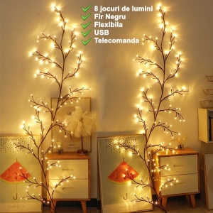 Instalatie Craciun tip Creanga Flippy, 144 LED-uri, Conectare USB, 8 Jocuri de Lumini, Telecomanda, 2.5 m, Prelungitor 2 m, 3V, Fir Negru, Alb Cald - Img 8