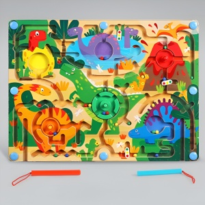 Joc Montessori de Sortare Culori, Flippy, Creion Magnetic, Tip Labirint Ilustrat, din Lemn, Model Dinozauri, 39x29x1.5 cm - Img 3