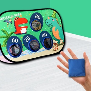 Joc pentru Copii, Flippy, Aruncarea Sacilor cu Nisip, Sageti, 8 Mingi, 4 Saci, Geanta Portabila, Interactiv, Model Dinozauri, 77.5x44.5x42 cm, Multicolor - Img 4
