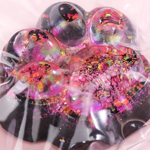 Jucarie Antistres Squishy, Flippy, cu Revenire Lenta, Model Labuta de Pisica cu Sclipici, 6.5x6 cm, 60g, Ambalaj Transparent, Roz-Negru - Img 3
