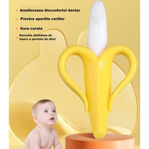 Jucarie dentitie bebelusi Flippy, banana, cu manere de prindere, material silicon non-toxic, fara miros, 10.5x5.9 cm, galben - Img 3