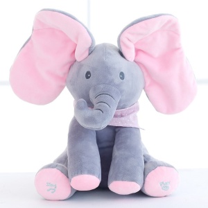 Jucarie Interactiva pentru Copii, Flippy, Elefantel Peek-a-boo, Muzica, Misca Urechile, Alimentare cu Baterii, 30 cm, Roz-Gri - Img 2