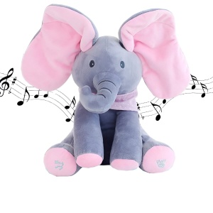 Jucarie Interactiva pentru Copii, Flippy, Elefantel Peek-a-boo, Muzica, Misca Urechile, Alimentare cu Baterii, 30 cm, Roz-Gri - Img 12