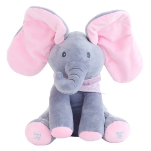 Jucarie Interactiva pentru Copii, Flippy, Elefantel Peek-a-boo, Muzica, Misca Urechile, Alimentare cu Baterii, 30 cm, Roz-Gri - Img 1