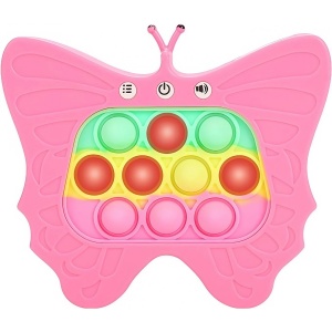 Jucarie Interactiva Tip Consola pentru Copii, Flippy, Diferite Moduri de Joc, 120 Nivele, Material ABS/silicon, Sunete si Lumini, 12 x 5.5 x 13.5 cm, Model Fluture, Fucsia - Img 1