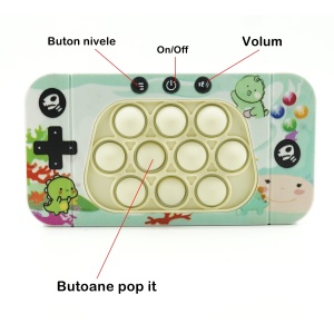 Jucarie interactiva tip consola pentru copii Flippy, speed push whack-a-mole, joc de viteza pop it, material ABS/silicon, cu nivele, sunete si lumini, 15.5 x 7.6 x 5.3 cm, model dinozaur, verde - Img 5