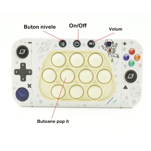 Jucarie interactiva tip consola pentru copii Flippy, speed push whack-a-mole, joc de viteza pop it, material ABS/silicon, cu nivele, sunete si lumini, 15.5 x 7.6 x 5.3 cm, model astronaut, alb - Img 5