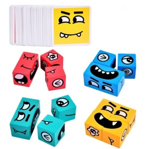 Jucarie pentru copii montessori Flippy, cub din lemn, asamblare fete, 64 de carti distractive, pentru baieti si fete, varsta +3 ani, educativ, multicolor - Img 1