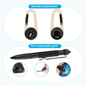 Kit supravietuire multifunctional 13 in 1 Flippy, Instrumente profesionale, agatatoare ghiozdan, pentru Camping, Drumetii, Aventuri in aer liber, borseta inclusa, model cutie, negru - Img 4