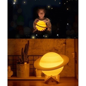 Lampa de veghe in forma de Saturn 3D Moon Light Alb Cald, alimentare baterii, stand plastic inclus, 13 cm, Flippy - Img 3