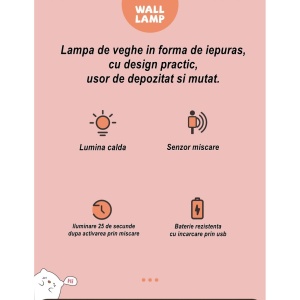 Lampa de veghe portabila cu 2 moduri de functionare Flippy, silicon non-toxic, reincarcabila USB, senzor miscare, roz, iepuras - Img 4