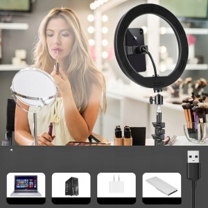Lampa LED Circulara cu Trepied Metalic Extensibil, Flippy, Rotativa 360 de Grade, Lungime Extensie 210 cm, Diametru Lampa 26 cm, Conectare USB, Telecomanda, 3 Trepte de Lumina, Negru - Img 5