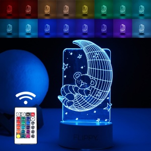 Lampa LED decorativa, Flippy, 3D, Ursulet si Semiluna, cu telecomanda, doua moduri de alimentare USB si baterii, 20 cm inaltime, din material acril si lumina multicolora, alb - Img 1