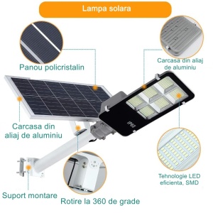 Lampa solara stradala Flippy, IP65, senzor de lumina, 417 LED-uri SMD, 24000 lm, 300W, autonomie 12-16 ore, telecomanda, montare prin fixare, pentru strada sau gradina, finisaj lucios, material ABS, 49.5 x 21 x 6.5 cm, lumina alb rece - Img 4