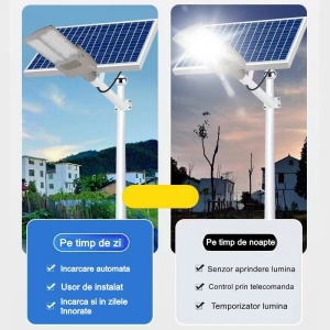 Lampa solara stradala Flippy, pentru curte sau strada, cu doua grile, finisaj mat, rezistent la apa, montare prin fixare, senzor lumina, baterie de litiu, IP65, lumina rece, putere 300W, autonomie 10 ore, 51.5 x 21 cm, gri - Img 3