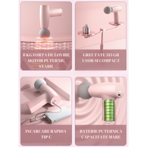 Mini Aparat de Masaj, Flippy, Tip Pistol, Incarcare USB Tip C, Portabil, Pentru Relaxare Musculara, Autonomie 120 Min, 3 Trepte de Viteza, Roz - Img 7