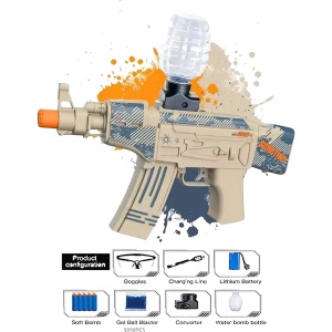 Mitraliera de jucarie electrica Flippy cu bile de hidrogen de gel, gun bluster, tragere in rafala, varsta peste 6 ani, ochelari de protectie, 5000 de bile incluse, cablu de incarcare, 28x31 cm, AK47, crem - Img 2