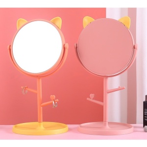 Oglina Cosmetica cu Picior, Flippy, HD, Rotire 360 Grade, 15 cm Diametru, Suport Bijuterii Baza Rotunda + 2 Brate, Model cu Urechi, 31 x 14.5 x 15 cm, din Plastic, Portocaliu/Galben - Img 3
