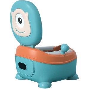Olita pentru Copii, Flippy, +6 luni, Compartiment Detasabil, cu Capac, Antiderapanta, din Plastic, Colac Moale, Model Animat Ciclop, cu Maner, 33 x 21 x 45 cm, Albastru/Portocaliu - Img 1