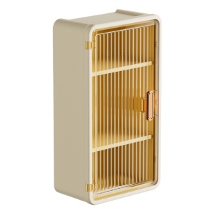 Organizator Cosmetice, Flippy, Montare pe Perete fara Perforare, 36.5x10.9x20 cm, cu 3 Rafturi, din PP si ABS, Bej, Usa Transparenta - Img 1