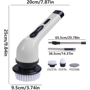 Perie Electrica de Curatare, Flippy, pentru Gresie, Baie, Bucatarie, 25x20x9.5 cm, cu 6 Capete, Maner Extensibil Detasabil 84-127cm, Incarcare USB-Type C, Rotire 360 de Grade, 3000 mAh, Culoare: Alb - Img 6