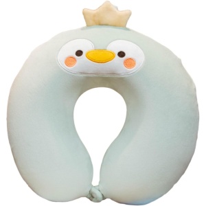 Perna de Calatorie in Forma de U, Flippy, Pentru Gat si Cap, Umplutura din Spuma cu Memorie, 30x30 cm, Model Pinguin, Accesoriu de Voiaj, Birou, Masina, Sistem Prindere Capse, Verde - Img 1