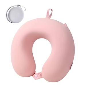 Perna de Calatorie in Forma de U, Flippy, Pentru Gat si Cap, Umplutura din Spuma cu Memorie, 30x30 cm, Sistem Prindere Capse, Cutie de Depozitare, Roz - Img 1