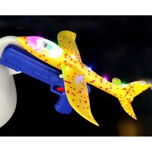 Pistol cu Lansator de Avion, Flippy, din Polistiren+Plastic, +3 Ani, Avion 38 cm, Lansare 10 m, cu Lumini si Roti, Galben/Albastru - Img 4