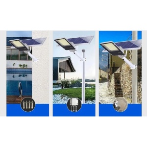 Proiector LED pentru stalp, casa, perete cu suport metalic inclus, Flippy, 38,5 cm x 14,2 cm, Rezistent la Apa IP65, cu Panou Solar, 240 COB LED, 100 W, Senzor de lumina, Timer, cu Telecomanda, intensitate reglabila, kit montaj inclus, Lumina Rece - Img 3