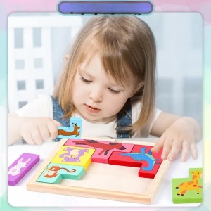 Puzzle din Lemn Flippy, Tip Tetris, +4 Ani, cu Animale Colorate 3D, 7 Piese, Multicolor - Img 5