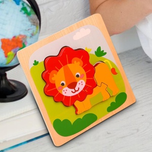 Puzzle Montessori din Lemn pentru Copii, Flippy, 3D, 0-3 Ani, Model Leu, Educativ, Intuitiv, Creativ, 3 Piese, 15x15x0.5 cm, Multicolor - Img 4